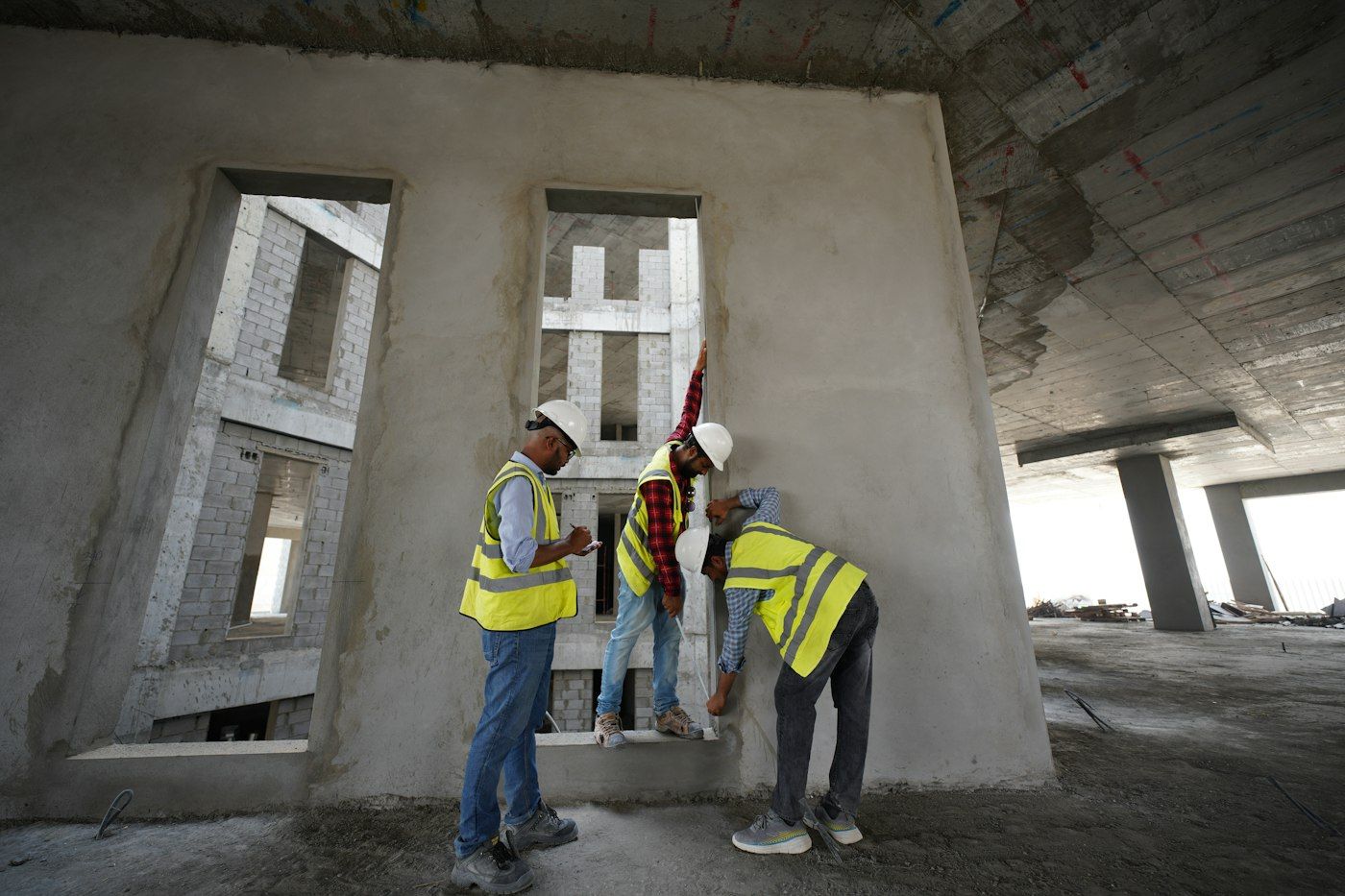 Équipe de chantier en casques et gilets de sécurité dans un bâtiment en construction
